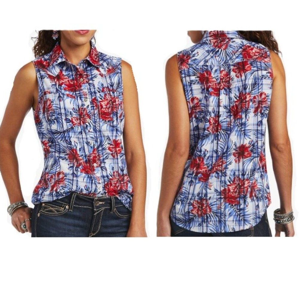 ARIAT REAL shirt "billie jean" NWOT sleeveless red/blue floral - L